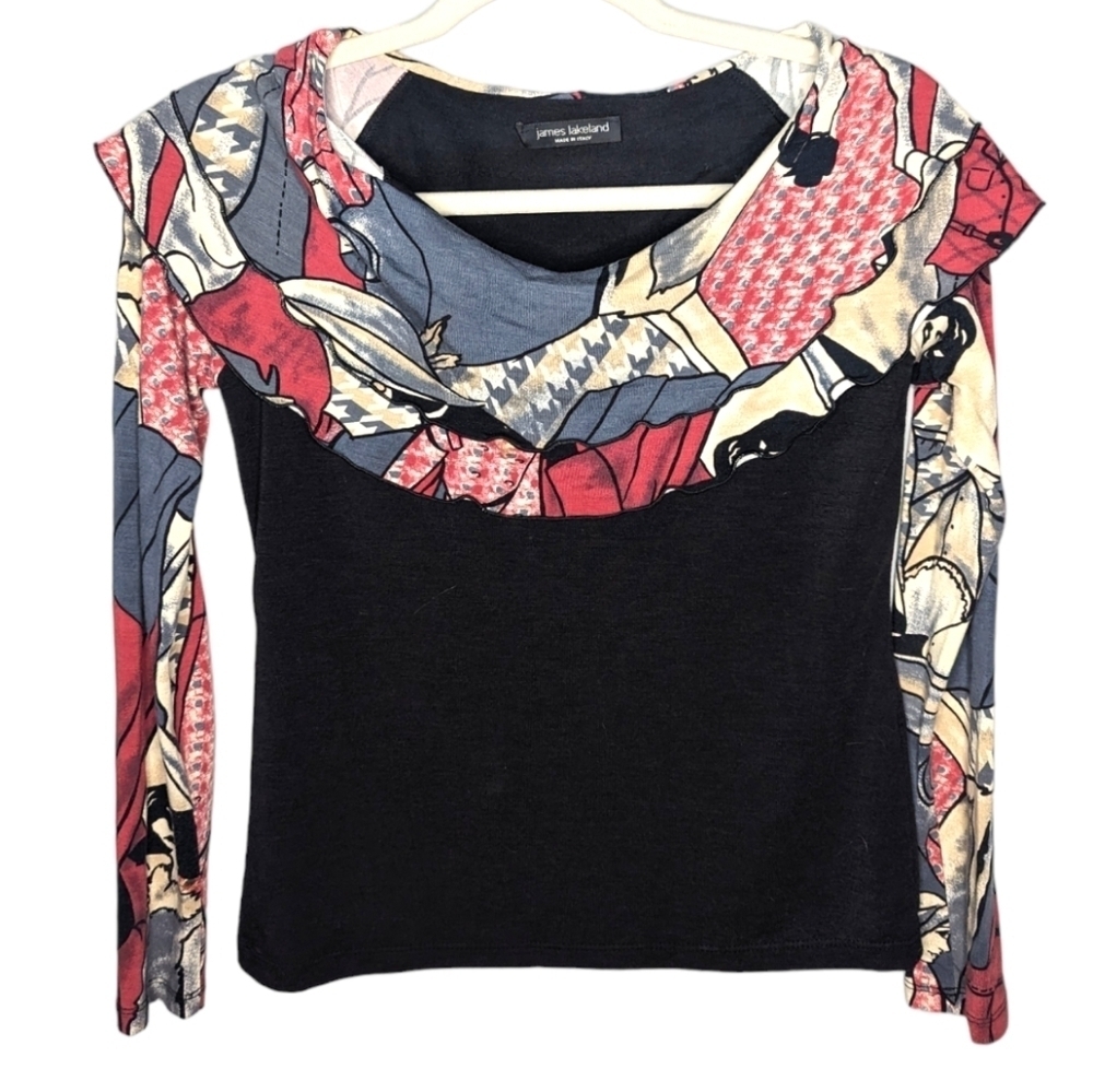 James Lakeland Made In Italy Long Sleeve Ruffled Neck Abstract Blouse Woman S